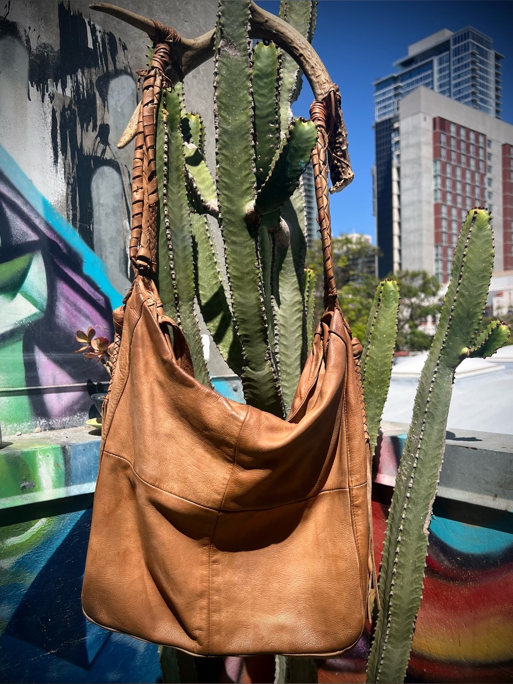 Soft Tan Leather Hobo Shoulder Bag Tote with Braided Strap